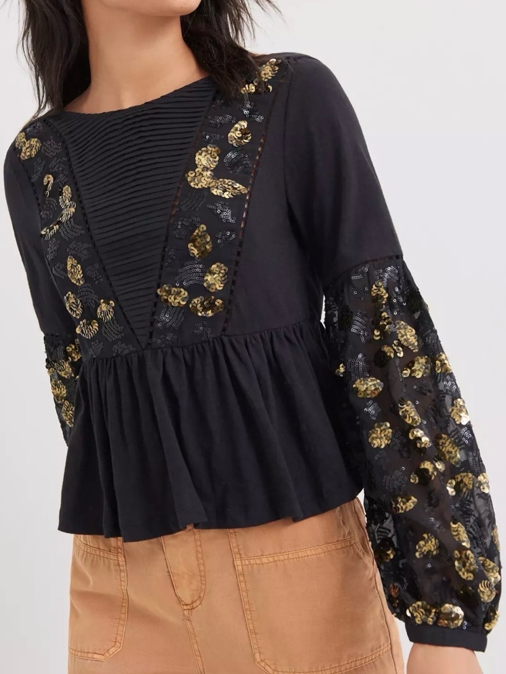 Anthropologie Black Gold Sequin Peplum Top Balloon Sleeve Boho Women Small